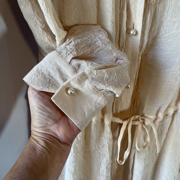 See By Chloe Crinkled Drawstring Waist Pearl Button Cream Blouse Sz 8 - Picture 5 of 9